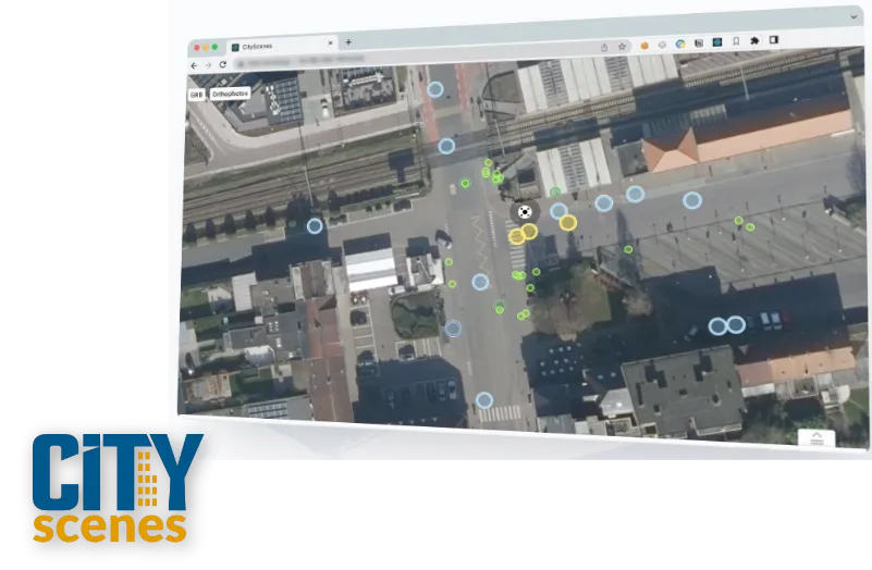 CityScenes web app showing detected traffic trajectories on an aerial map