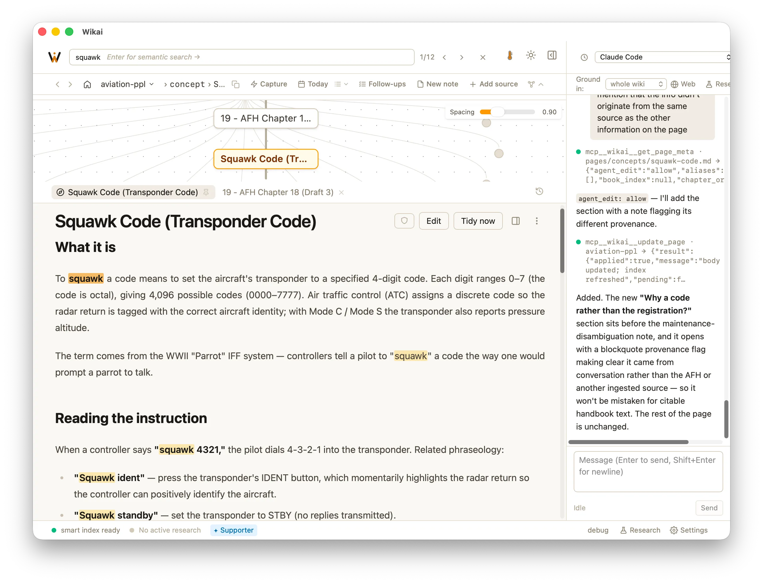 The Wikai desktop app showing a generated wiki page with cross-links and the agent sidebar